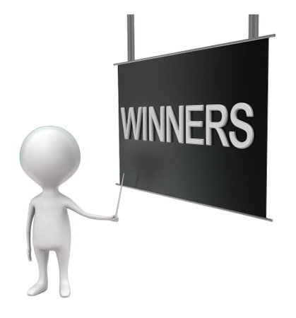 3d man presenting winners text on hanging board concept in white isolated background - 3d rendering , side angle viewの写真素材