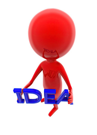 3d man holding idea text concept on white isolated background - 3d rendering , top angle viewの写真素材