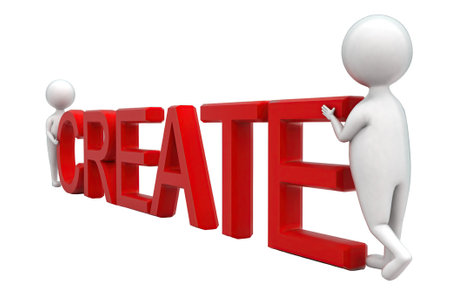 3d men arranging create text concept in white isolated background , side angle view