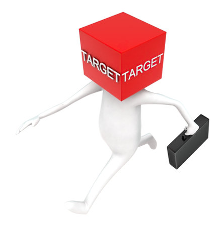 3d target headed man holding briefcase and running concept in white isolated background - 3d rendering , top angle viewの写真素材