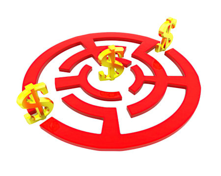 3d dollar path puzzle concept on white background, top angle viewの写真素材
