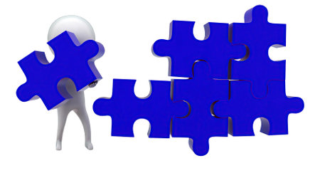 3d man solving puzzle concept in white isolated background - 3d rendering , front angle viewの写真素材
