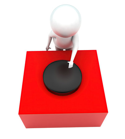 3d man pressing button concept in white isolated background - 3d rendering , top angle viewの写真素材