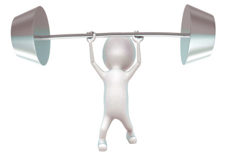 3d man pushing up dumbells concept in white isolated background - 3d rendering , front angle viewの写真素材