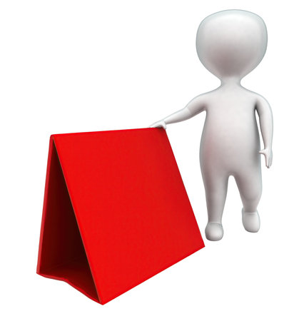 3d man presenting triangular board concept in white isolated background - 3d rendering , side angle viewの写真素材