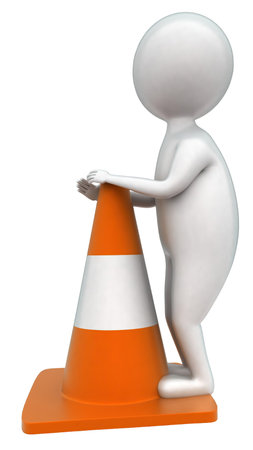 3d man presenting traffic cone concept in white isolated background - 3d rendering , side angle viewの写真素材