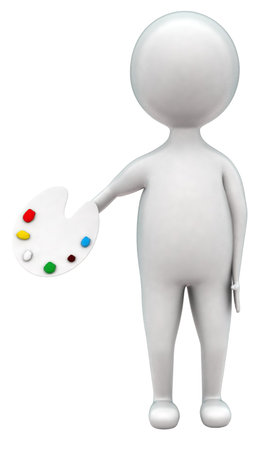 3d man holding water color pallete concept in white isolated background - 3d rendering , front angle viewの写真素材