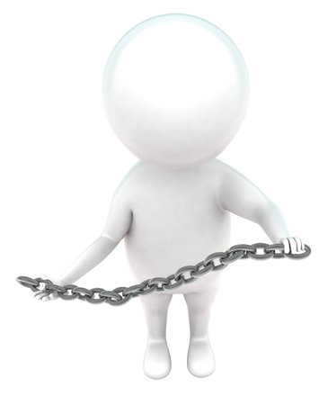 3d man holding a chain in hands concept in white isolated background - 3d rendering , top angle viewの写真素材