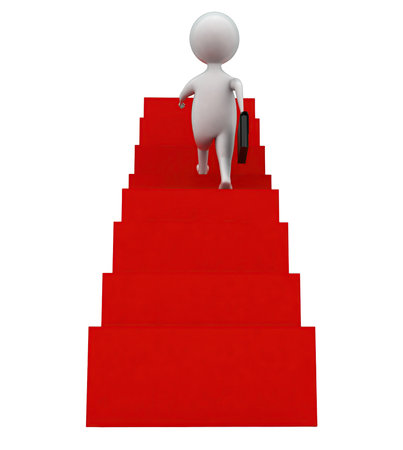 3d man holding briefcase and walking on stairs concept in white isolated background - 3d rendering , back angle viewの写真素材