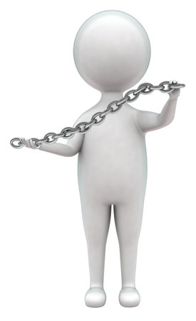 3d man holding a chain in hands concept in white isolated background - 3d rendering , front angle viewの写真素材