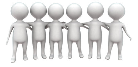 3d guys holding hands togheter concept in white isolated background , front angle viewの写真素材