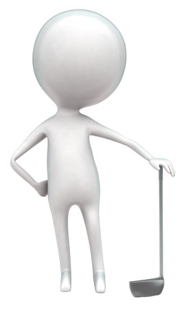 3d man holding golf stick in hands concept in white isolated background , front angle viewの写真素材