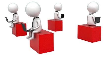 3d group of men using laptop while sitting on blocks concept in white isolated background - 3d rendering , side angle viewの写真素材
