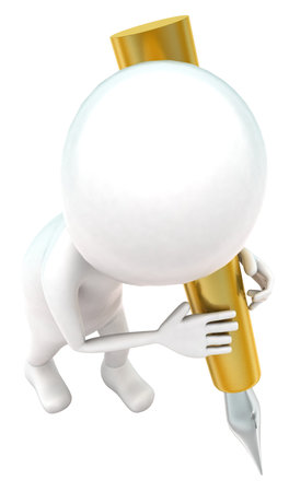 3d man holding a vintage foundain pen concept in white isolated background , top angle viewの写真素材