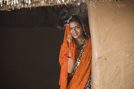 Portrait indian woman in sari at villageの写真素材