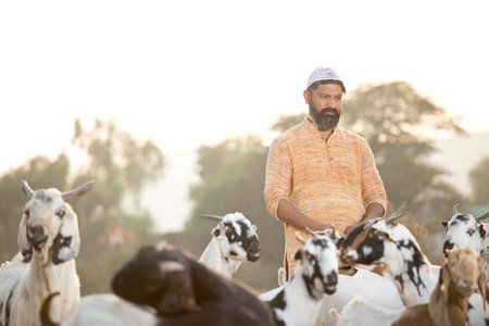 Muslim shepherd man with herd of goat on fieldの写真素材