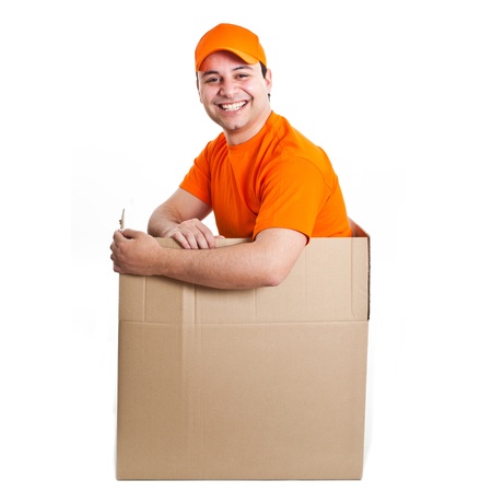 Happy deliverer inside a boxの写真素材