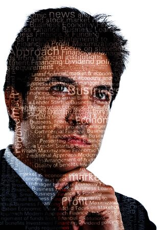 Portrait of a businessman with business concepts written on his faceの写真素材