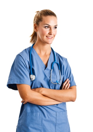 Portrait of a beautiful nurse isolated on whiteの写真素材