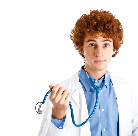 Portrait of a funny doctor playing with his stethoscopeの写真素材