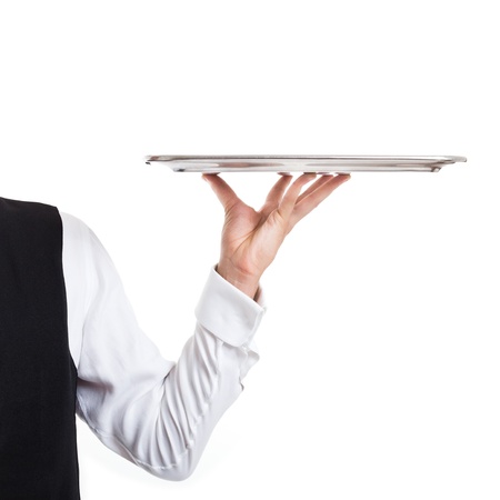 Professional waiter holding an empty dish Isolated on white Professional waiter holding an empty dish Isolated on white