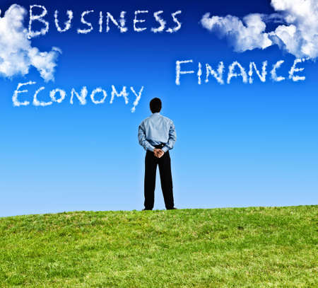 Man looking at a the text in the skyの写真素材