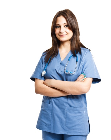 Portrait of a beautiful smiling nurse. Isolated on whiteの写真素材