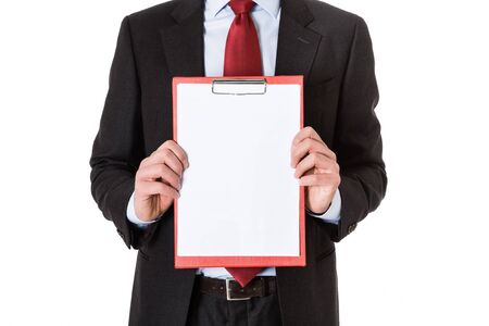 Businessman showing a blank sheet of paper  Isolated on whiteの写真素材