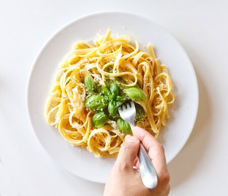Pasta with fresh pesto sauceの写真素材