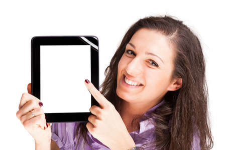 Portrait of a smiling woman showing a tablet pc