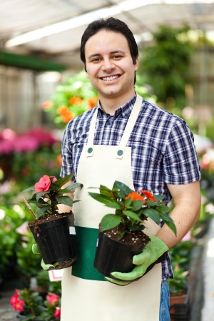 Portrait of a smiling greenhouse worker holding flower potsの写真素材