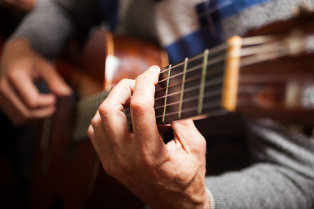 Detail of a guitarist playing a classical guitar