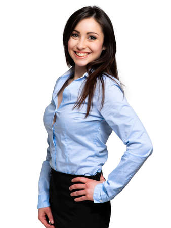 Portrait of happy business woman isolated on white backgroundの写真素材