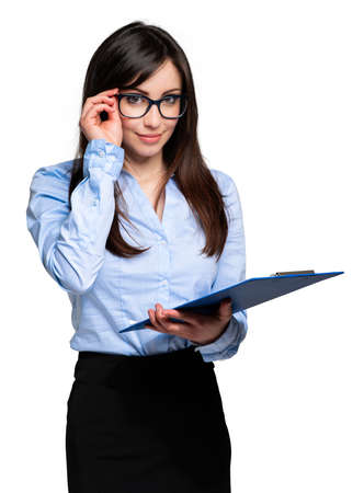 Portrait of a beautiful businesswoman isolated on white background wearing eyeglassesの写真素材