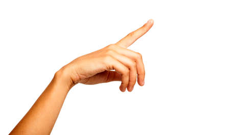 Female hand with finger up isolated on whiteの写真素材