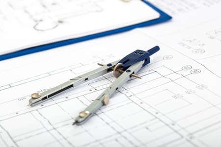Blueprint and a compass, engineering conceptの写真素材