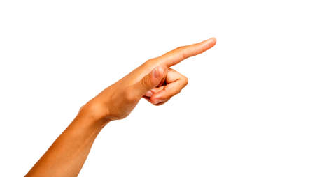 Female hand with finger up isolated on whiteの写真素材