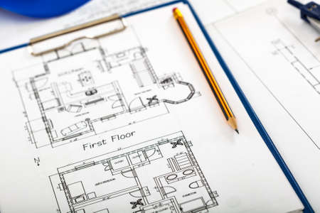 Blueprint and a pencil, engineering conceptの写真素材