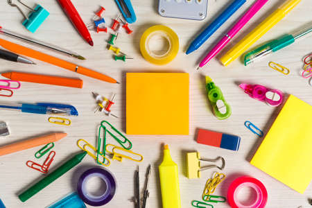 Stationery on a wooden white tableの写真素材