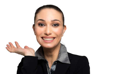 Portrait of a surprised young woman on a white backgroundの写真素材