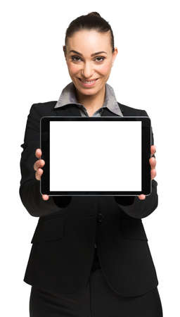 Portrait of a beautiful woman holding a tablet computerの写真素材