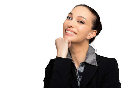Portrait of happy business woman isolated on white backgroundの写真素材