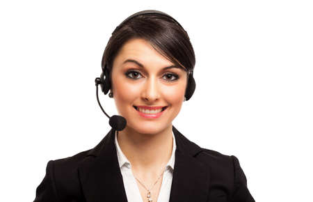 Portrait of a beautiful customer representative isolated on whiteの写真素材