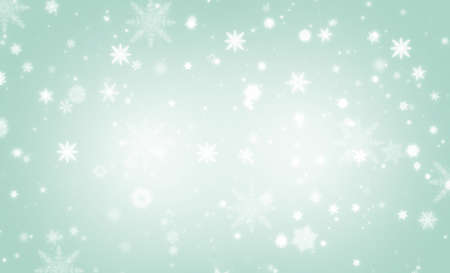 Green abstract background. white light and snowflakes bokeh winter for Christmas new year blurred beautiful shiny lights use for card banner wallpaper backdrop and your product.の写真素材