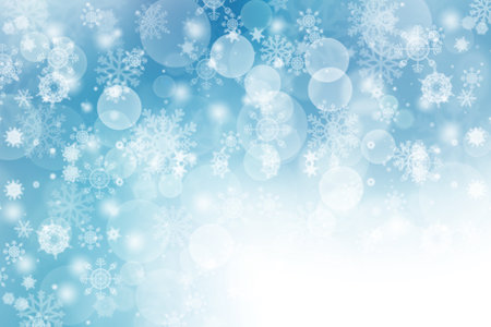 abstract background. white light and snowflakes bokeh winter for Christmas new year blurred beautiful shiny lights use for card banner wallpaper backdrop and your product.の写真素材