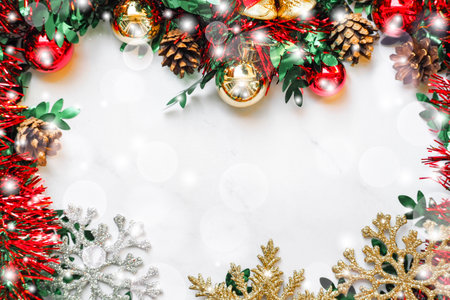 Christmas, new year card template background texture on wood and frame with snowflakes. winter season concept.の写真素材
