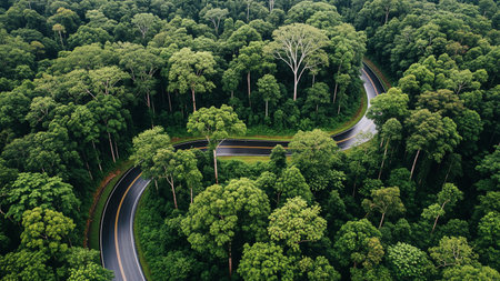 Aerial view of road in the forest. Nature landscape background.の素材
