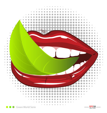 Mouth with leavef. Vegetarian food illustration for creative design.のイラスト素材