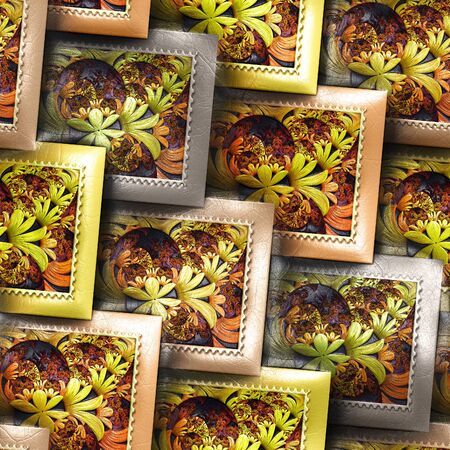 3D render of colorful plastic stamp fractal tile embossed on leather