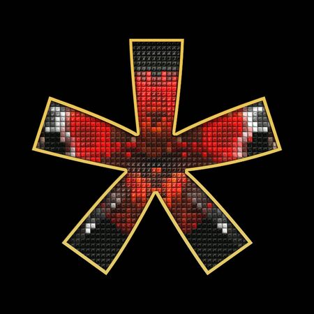 3D render of puff pixels alphabet capital letter with gold embellishmentの写真素材